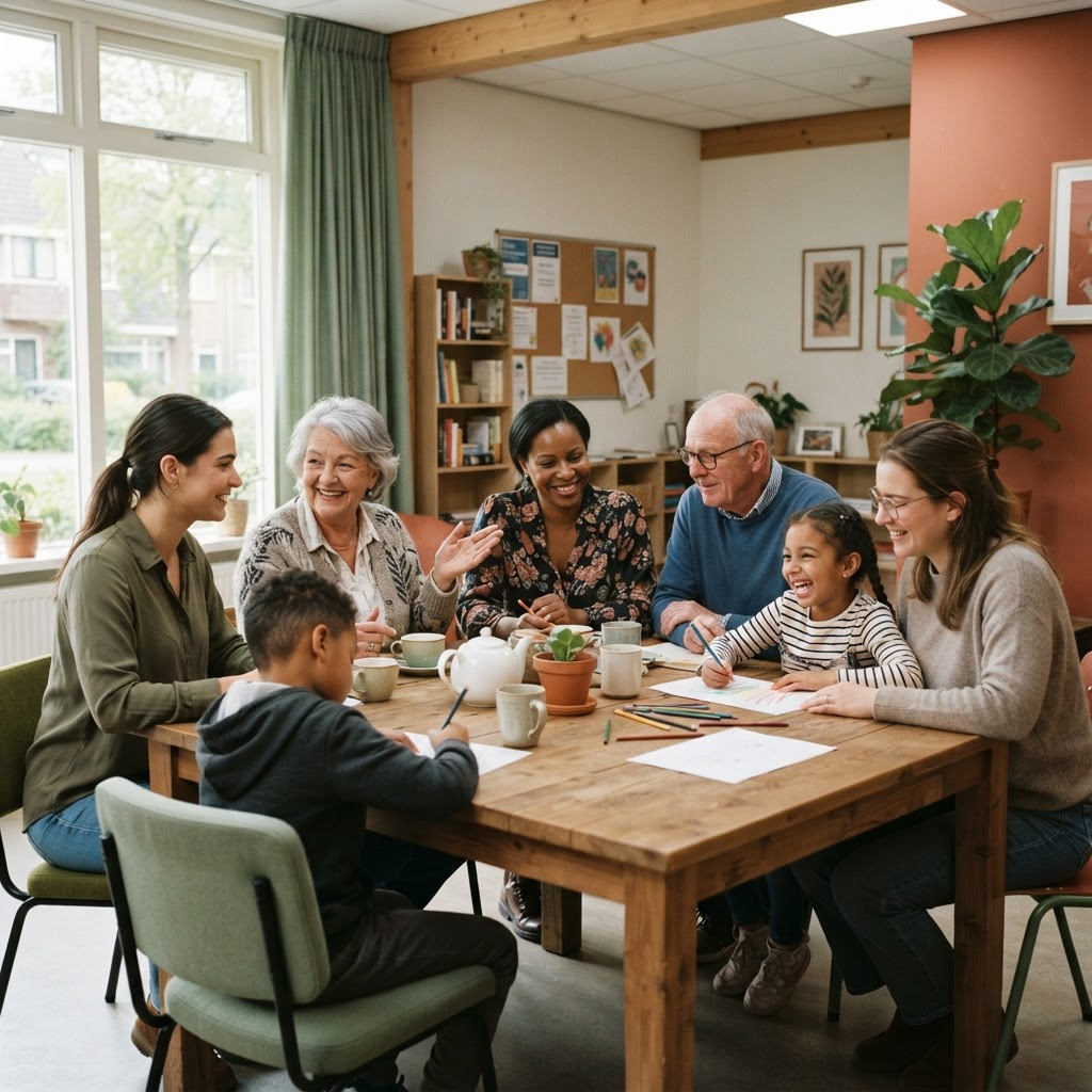 A family and caregivers sharing a conversation around a table